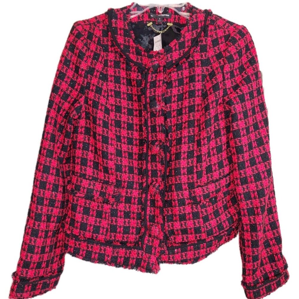 Express Design Studio Red Black Tweed Houndstooth Jacket Blazer sz 8 NWT $168 - Picture 4 of 5